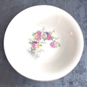 Vintage White Floral Ceramic Serving Bowl with Silver Trim Signed